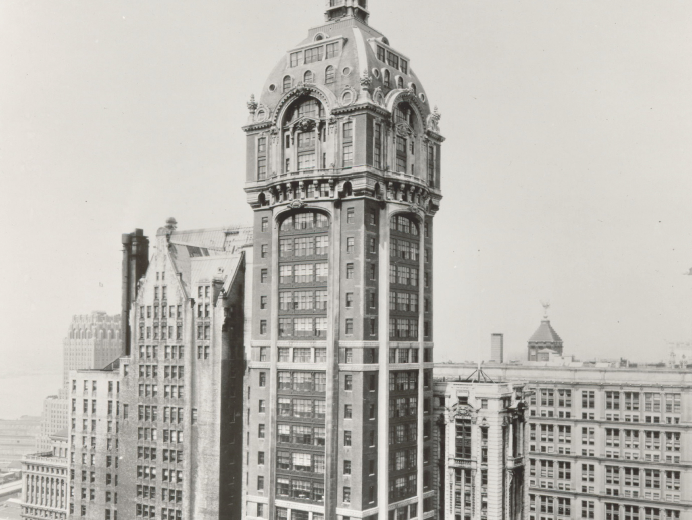 A greyscale image of the Singer Tower in Manhattan, New York City